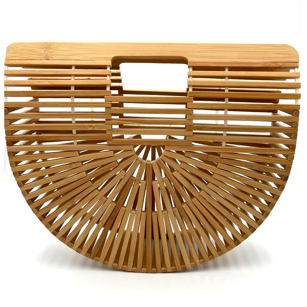 Vintage Bamboo Ark Bag Half Moon Slat Cage Purse Sunburst Boho 70s 80s